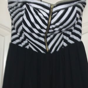 Iris polyester spandex medium black & white stripe strapless  maxi dress.